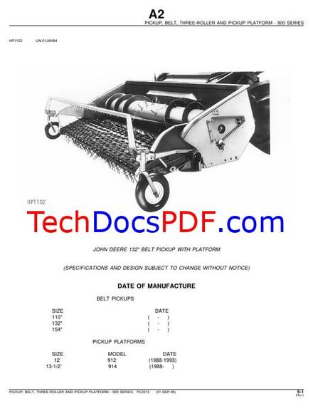 John Deere 132 Belt Pickup with Platform Parts Catalog (PC2210)