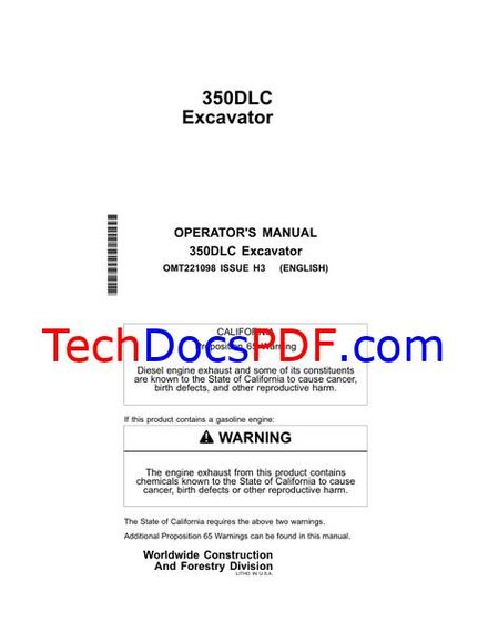 John Deere 350DLC Excavator Operators Manual (OMT221098)