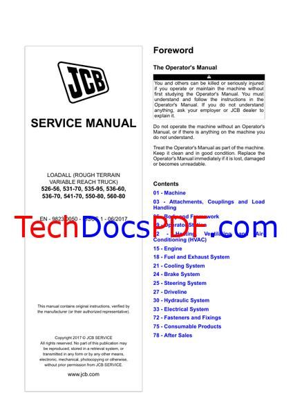 JCB 526-56, 531-70, 535-95, 536-60, 536-70, 541-70, 550-80, 560-80 Loadall Service Manual 9823/0050