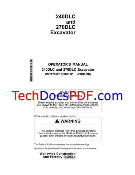 John Deere 240DLC and 270DLC Excavator Operators Manual (OMT221092)