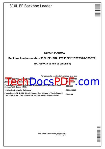 John Deere 310L EP Backhoe Loader Repair Manual (TM13290X19)
