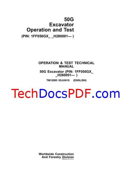 John Deere 50G Excavator Operation &amp; Test Technical Manual (TM12885)