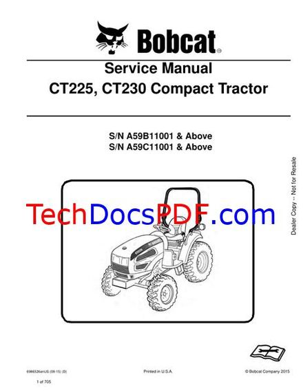 Bobcat CT225, CT230 Compact Tractor Service Manual (6986526enUS)