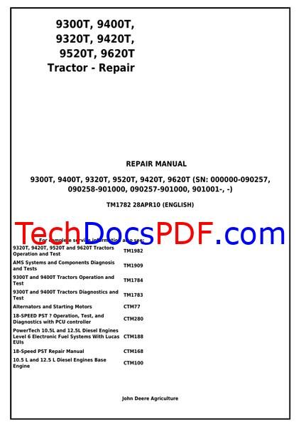 John Deere 9300T, 9400T, 9320T, 9420T, 9520T, 9620T Tractor Repair Manual (TM1782)