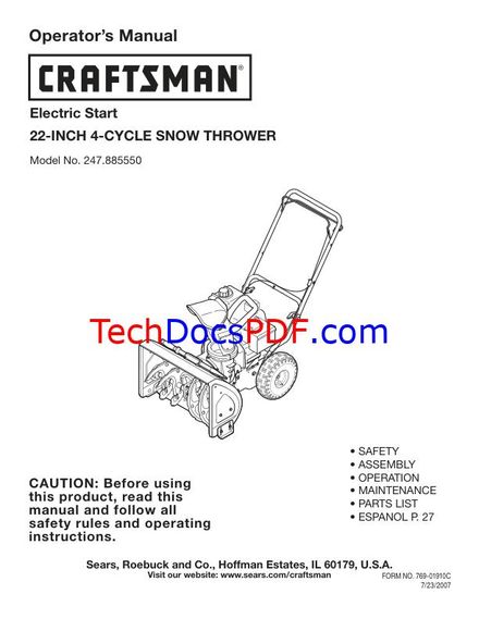 Craftsman 22-Inch 4-Cycle Snow Thrower Electric Start Model 247.885550 Owner&#x27;s Manual (PN 769-01910C