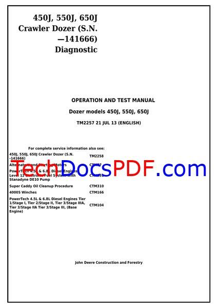 John Deere 450J, 550J, 650J Crawler Dozer SN -141666 Diagnostic Operation and Test Manual (TM2257)