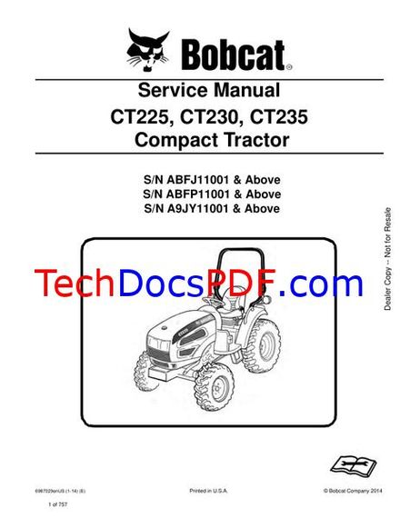 Bobcat CT225, CT230, CT235 Compact Tractor Service Manual (6987029enUS)