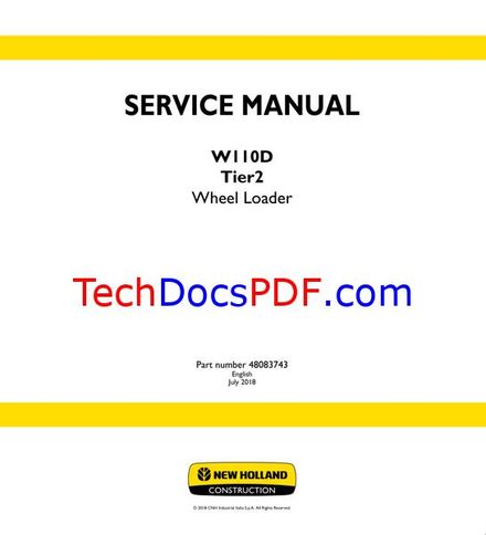 NEW HOLLAND W110D WHEEL LOADER TIER 2 2018 SERVICE MANUAL (48083743)