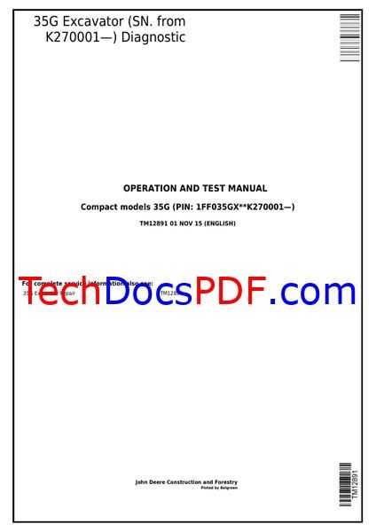 John Deere 35G Excavator Diagnostic Operation and Test Manual (TM12891)