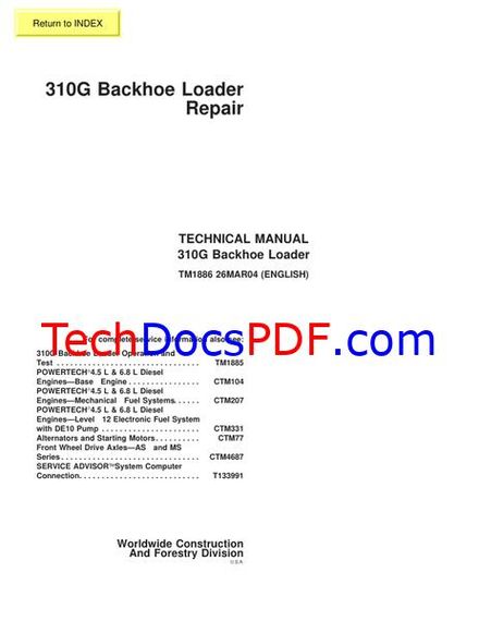 John Deere 310G Backhoe Loader Repair TECHNICAL MANUAL (TM1886)