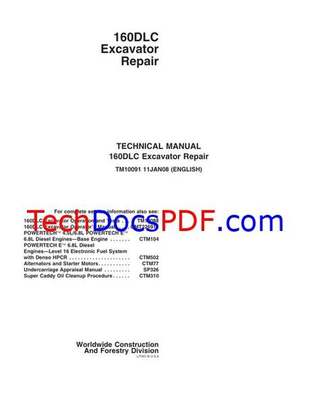 John Deere 160DLC Excavator Repair Technical Manual (TM10091)