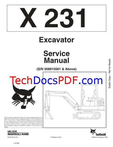 Bobcat X231 Excavator Service Manual (6722178)