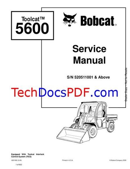 Bobcat 5600 Toolcat SN 520511001 &amp; Above Service Manual (6901892)