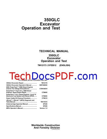 John Deere 350GLC Excavator Operation and Test Technical Manual (TM12173)