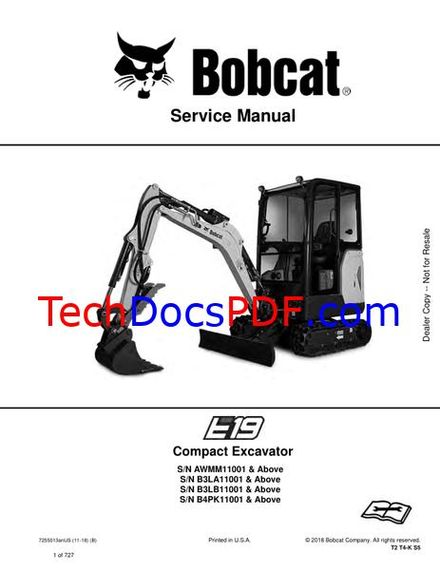 Bobcat E19 Compact Excavator Service Manual (7255013enUS)