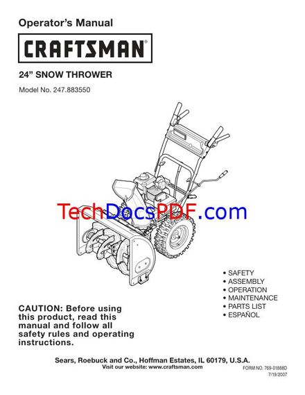CRAFTSMAN 24 SNOW THROWER MODEL NO. 247.883550 OWNERS MANUAL (PN 769-01888D)