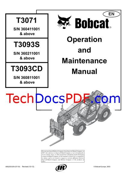 Bobcat T3071, T3093S, T3093CD Telescopic Handler Operation and Maintenance Manual - 4852030-EN