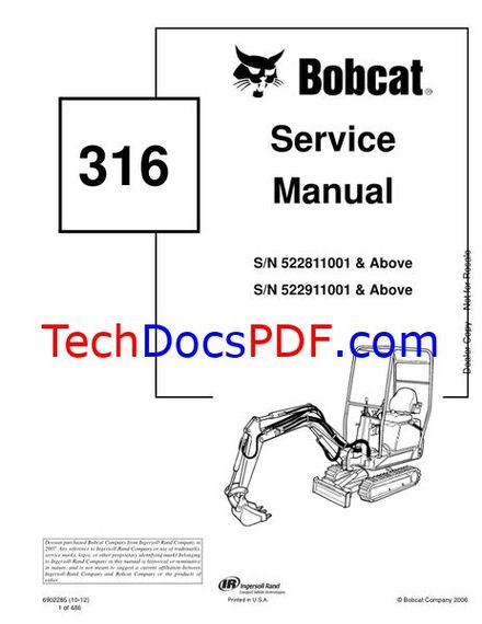 Bobcat 316 Excavator Service Manual 6902285 (10-12)