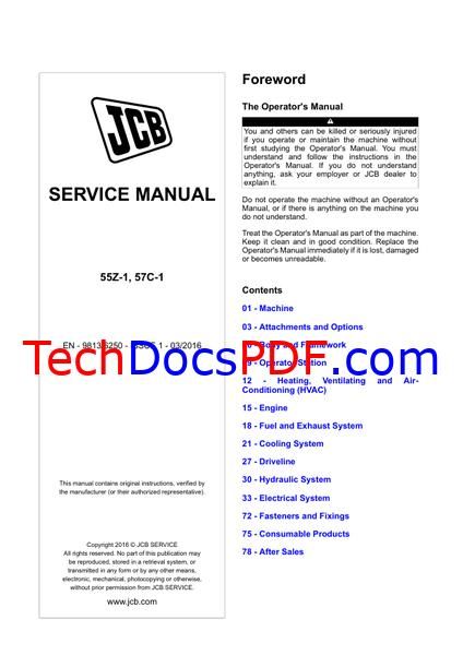 JCB 55Z-1, 57C-1 Mini Excavator Service Manual (9813/6250)