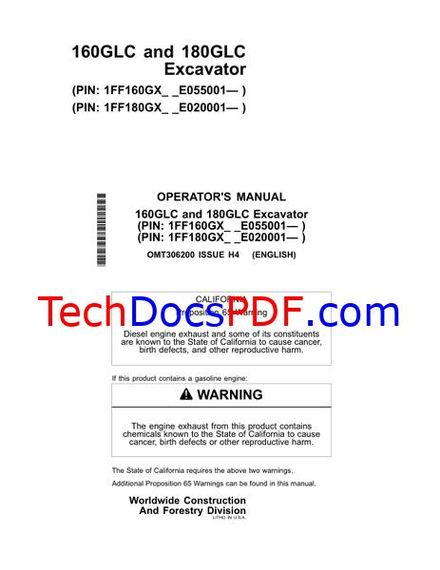 John Deere 160GLC and 180GLC Excavator Operators Manual (OMT306200)