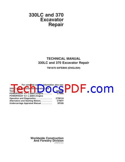 John Deere 330LC and 370 Excavator Repair Technical Manual (TM1670)