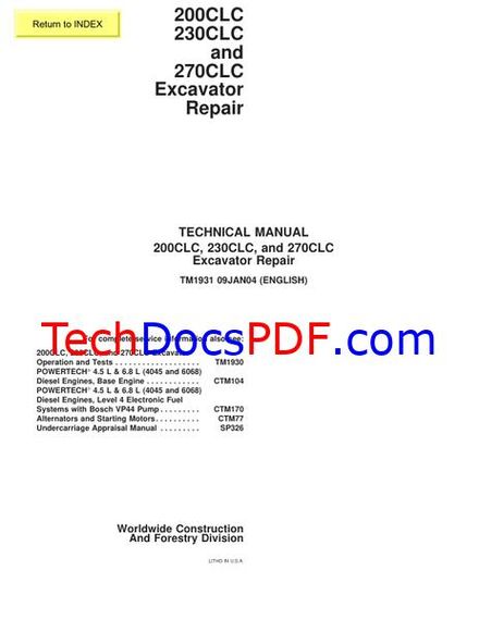 John Deere 200CLC, 230CLC and 270CLC Excavator Repair Technical Manual (TM1931)