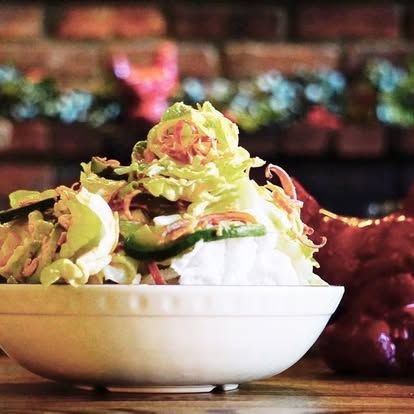 Banana flower salad with red curry tofu dressing 