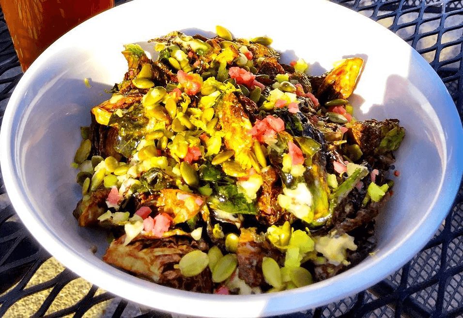 Chikn and Mi's Brussels Sprouts with Sesame Honey Hot Mustard Sauce