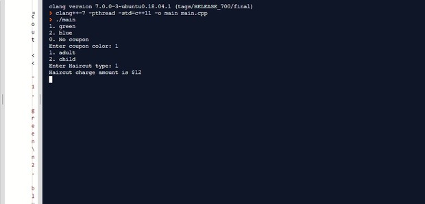 C+ program that asks the user to enter the coupon color and the haircut type Solution