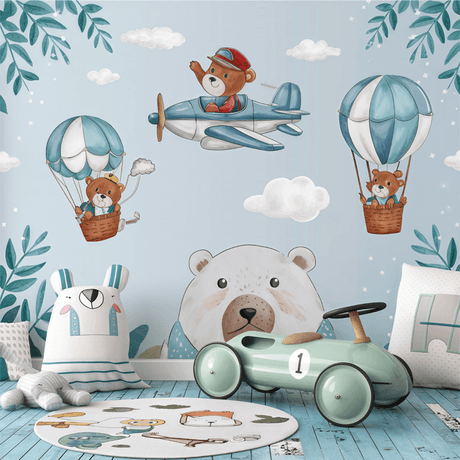 Teddy bear flying a plane background