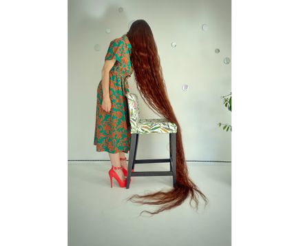 ❤Floor-Length Hair in a Green Floral Dress and Red Heels❤ (set of 33 photos)-PART 1