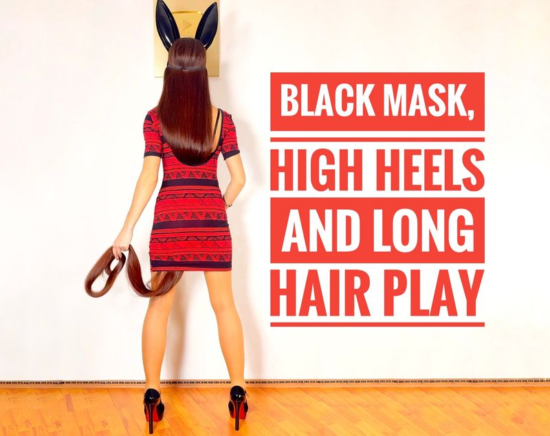 Black mask, high heels and long hair play