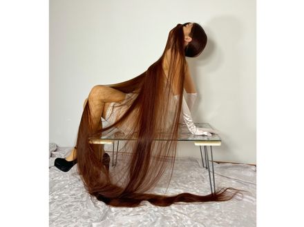 🖤 Ultra-Long Hair on the Glass Table — PART 1 (28 Photos) | Endless Floor-Length Hair, White Elegan