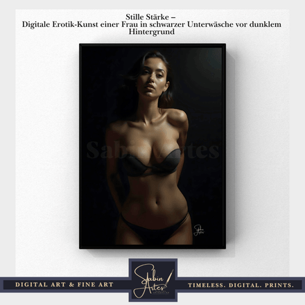 Stille Stärke – Digitale Erotik-Kunst einer Frau in schwarzer Unterwäsche vor dunklem Hintergrund