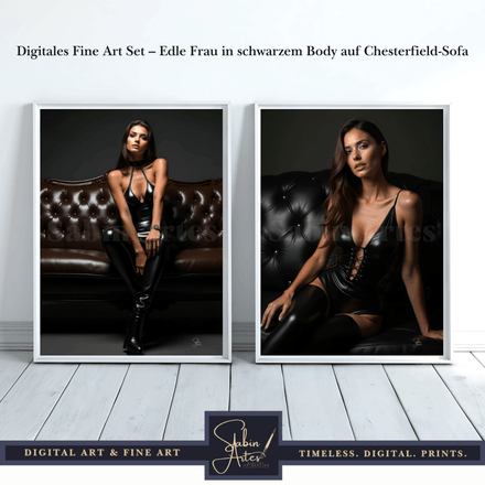 Digitales Fine Art Set – Edle Frau in schwarzem Body auf Chesterfield-Sofa
