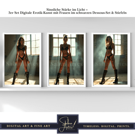 Sinnliche Stärke im Licht – 3er Set Digitale Erotik-Kunst mit Frauen im schwarzen Dessous- &amp; Stiefel
