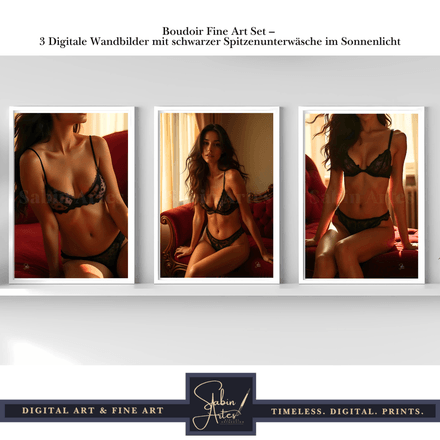 Boudoir Fine Art Set – 3 Digitale Wandbilder mit schwarzer Spitzenunterwäsche im Sonnenlicht