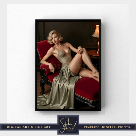 Vintage Glamour Art – Elegante Frau im Abendkleid auf rotem Chaiselongue