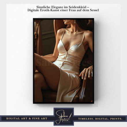 Sinnliche Eleganz im Seidenkleid – Digitale Erotik-Kunst einer Frau auf dem Sessel