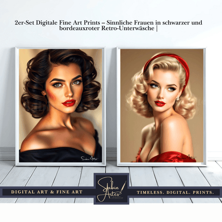 2er-Set Digitale Fine Art Prints – Sinnliche Frauen in schwarzer und bordeauxroter Retro-Unterwäsche