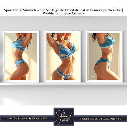 Sportlich &amp; Sinnlich – 3er Set Digitale Erotik-Kunst in blauer Sportwäsche | Fitness-Ästhetik