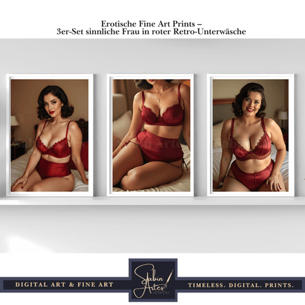 Erotische Fine Art Prints – 3er-Set sinnliche Frau in roter Retro-Unterwäsche 