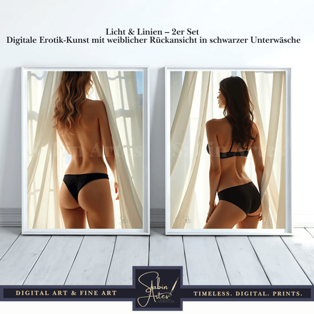 Licht &amp; Linien – 2er Set Digitale Erotik-Kunst mit weiblicher Rückansicht in schwarzer Unterwäsche 