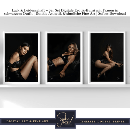 Lack &amp; Leidenschaft – 3er Set Digitale Erotik-Kunst mit Frauen in schwarzem Outfit | Dunkle Ästhetik
