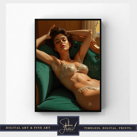 Sinnliches Fine Art Portrait – Frau in Lingerie auf Vintage-Sessel | Digitale Wandkunst Download