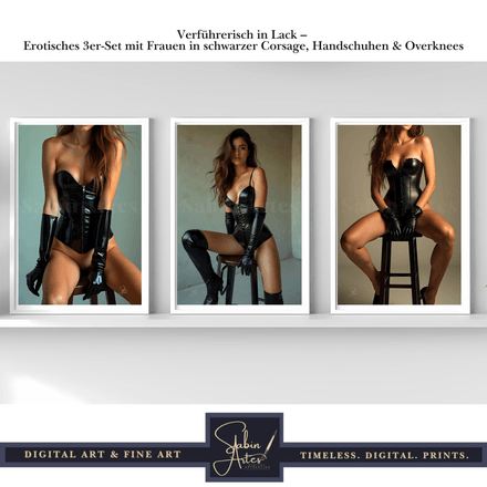 Verführerisch in Lack – Erotisches 3er-Set mit Frauen in schwarzer Corsage, Handschuhen &amp; Overknees