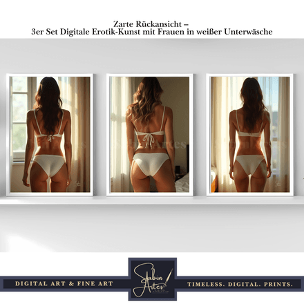 Zarte Rückansicht – 3er Set Digitale Erotik-Kunst mit Frauen in weißer Unterwäsche
