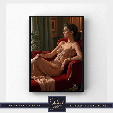 Zeitlose Eleganz – Frau im edlen Abendkleid auf rotem Sessel als Fine Art Print