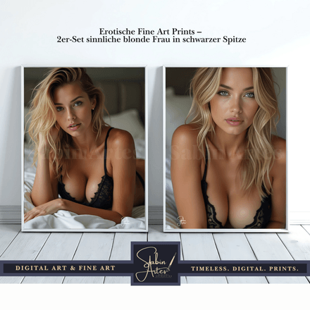 Erotische Fine Art Prints – 2er-Set sinnliche blonde Frau in schwarzer Spitze | Digitale Farbkunst