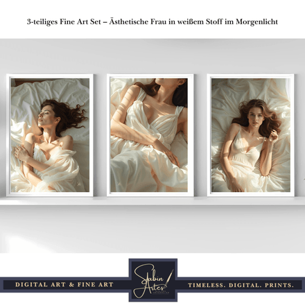 3-teiliges Fine Art Set – Ästhetische Frau in weißem Stoff im Morgenlicht